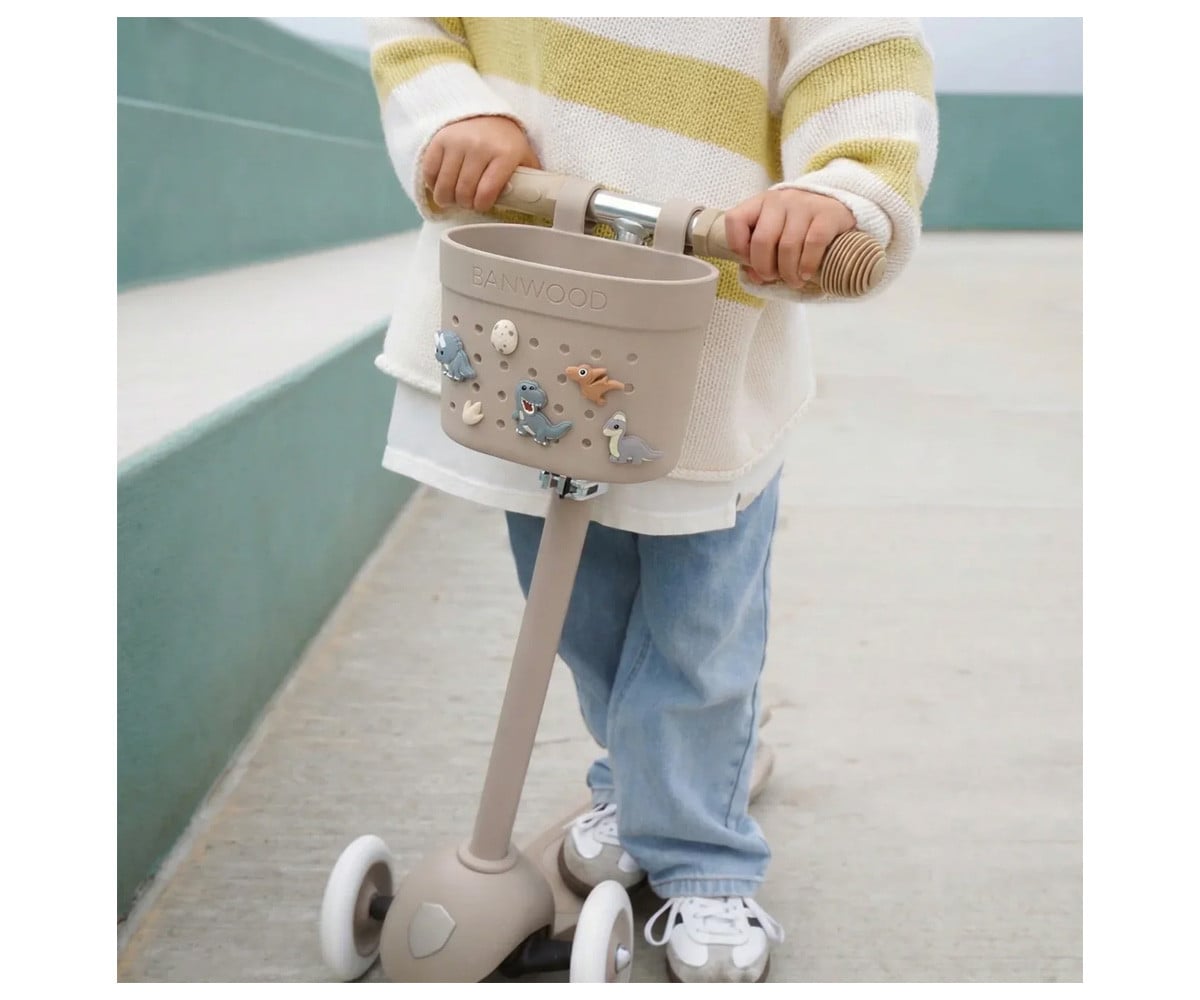 Patinete Banwood Eco + Cesta Pin & Ride Olive y Pines Dinosaurios