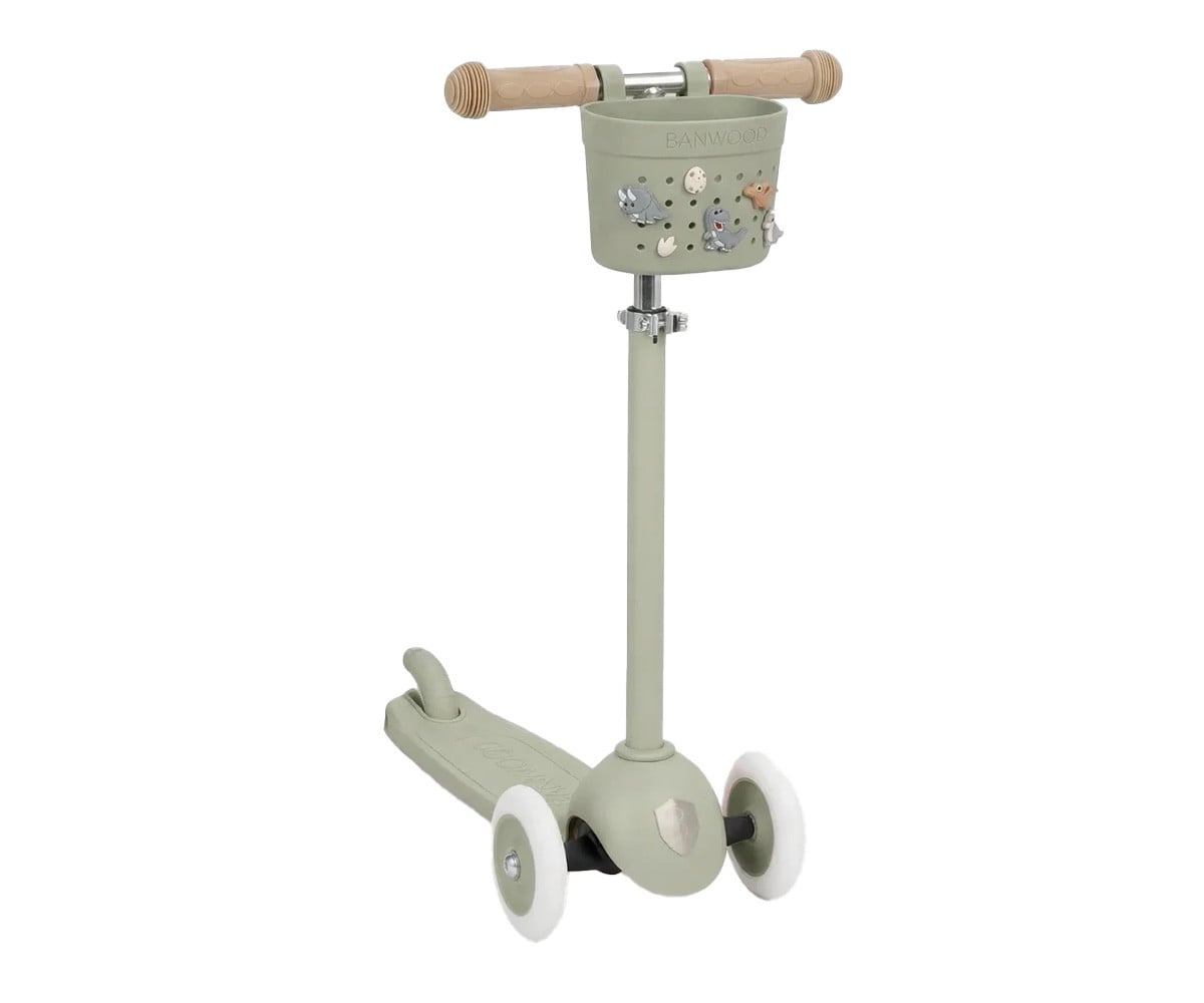 Patinete Banwood Eco + Cesta Pin & Ride Olive y Pines Dinosaurios