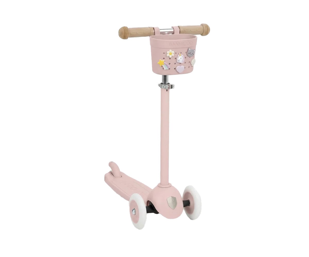 Patinete Banwood Eco + Cesta Pin & Ride Raspberry y Pines Magia