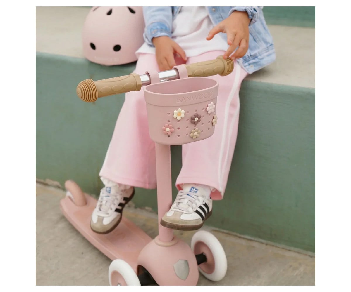 Patinete Banwood Eco con Cesta Pin & Ride Dusty Rose y Pines Flores