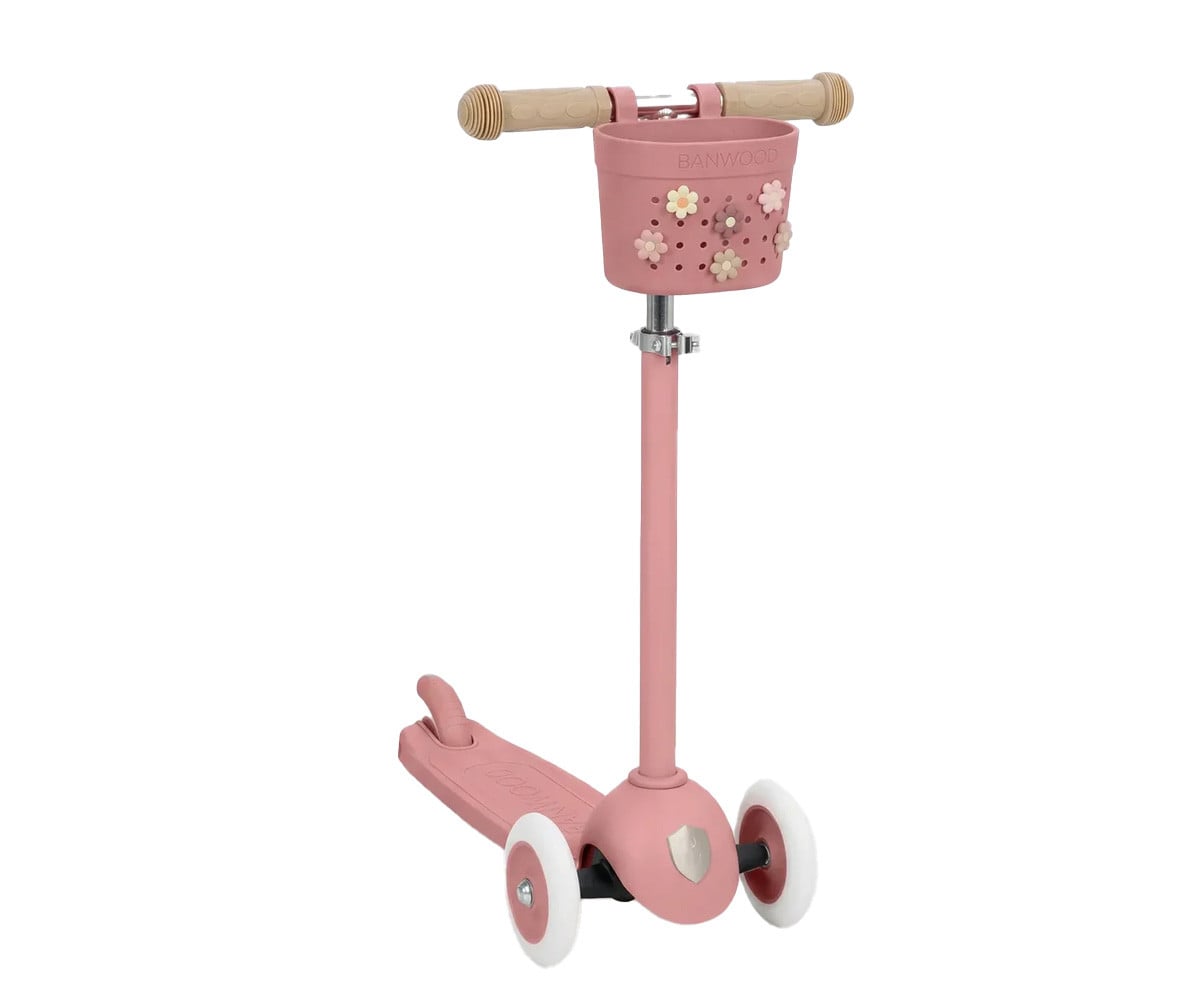 Patinete Banwood Eco + Cesta Pin & Ride Raspberry y Pines Magia