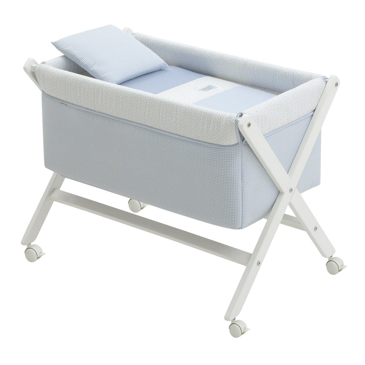 Minicuna Tijera Madera Vichy10 Celeste/Bco 55X87X74 Cm