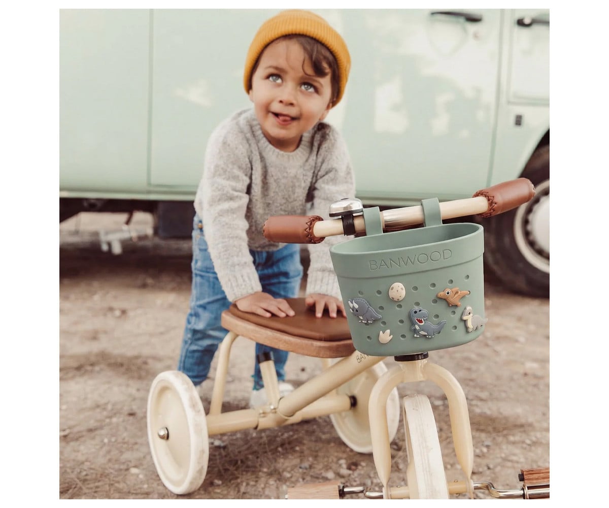 Patinete Banwood Eco + Cesta Pin & Ride Olive y Pines Dinosaurios