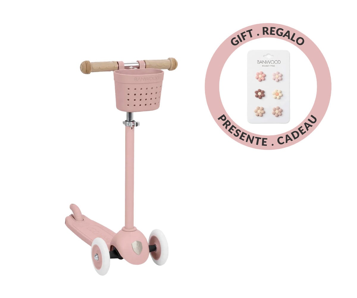 Patinete Banwood Eco con Cesta Pin & Ride Dusty Rose y Pines Flores