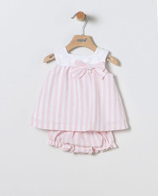 Vestido de bebé niña rosa a rayas y puntilla