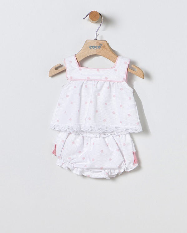 Conjunto de bebé niña de algodón en blanco y topos rosas