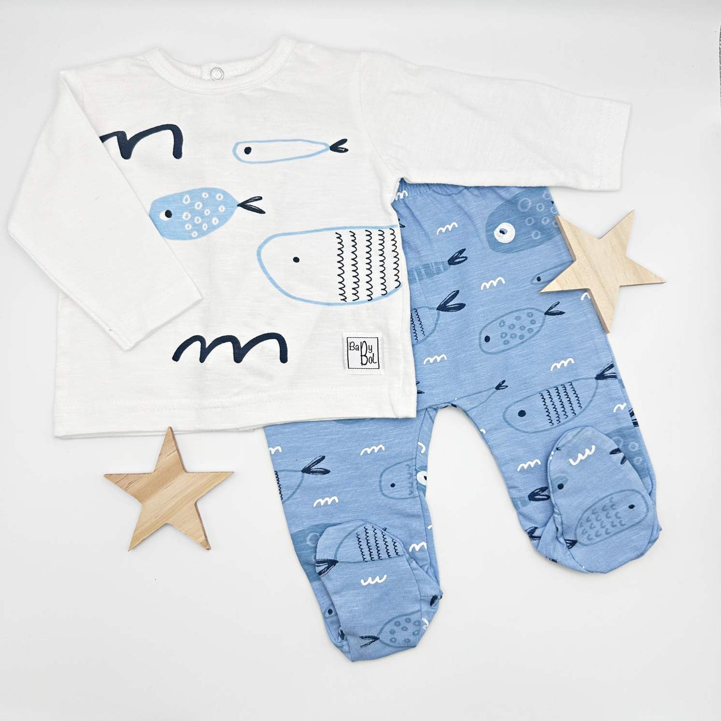 Conjunto polaina Fish azul y blanco
