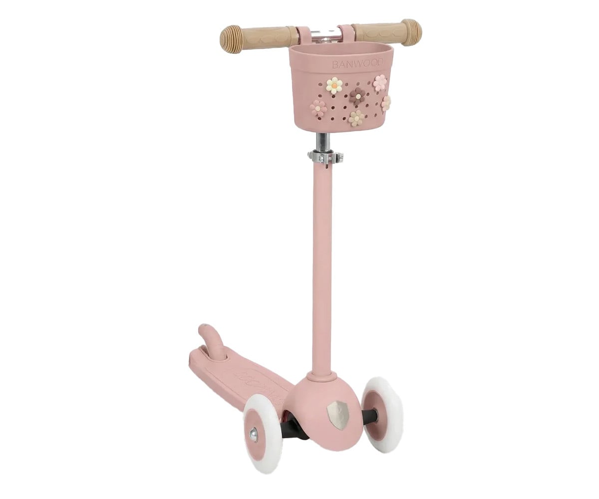 Patinete Banwood Eco con Cesta Pin & Ride Dusty Rose y Pines Flores