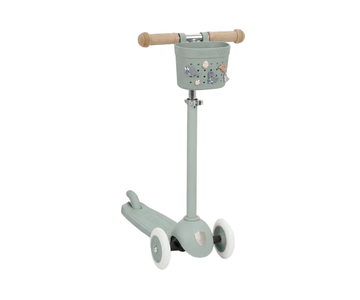 Patinete Banwood Eco + Cesta Pin & Ride Olive y Pines Dinosaurios