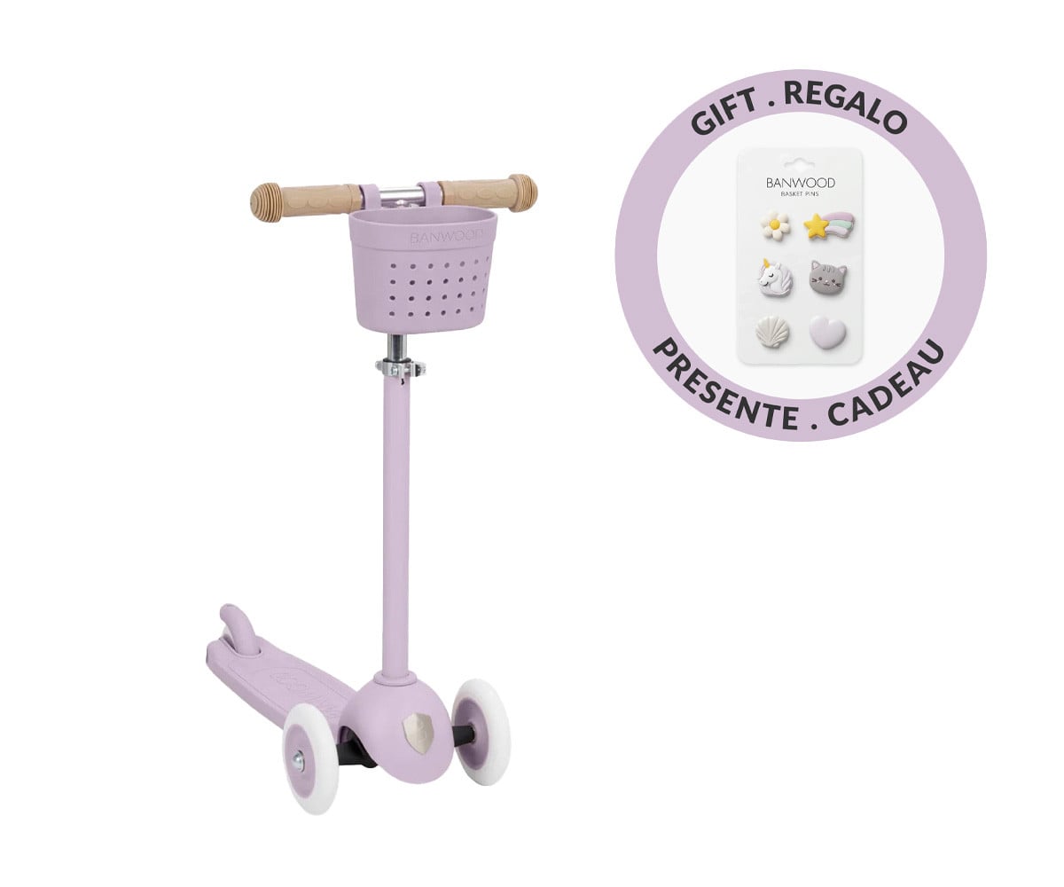 Patinete Banwood Eco + Cesta Pin & Ride Lavender y Pines Magia