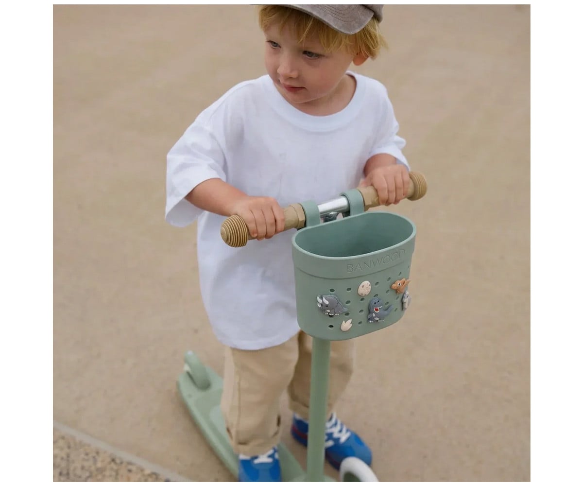 Patinete Banwood Eco + Cesta Pin & Ride Olive y Pines Dinosaurios